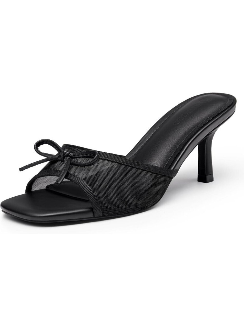 Women's Bow Mules Heels Kitten Heel Slide Black Mesh Sandals Square Toe  Shoes
